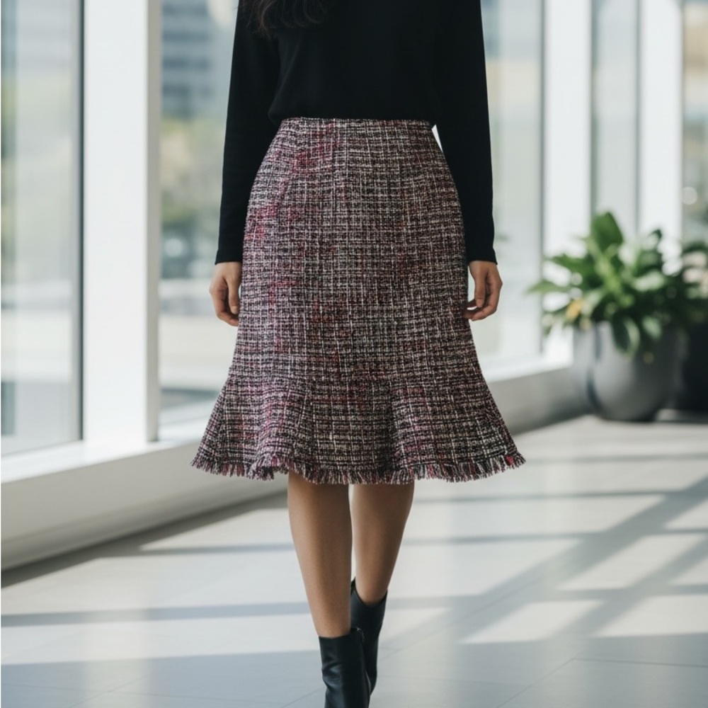 Tweed career fit and flare pink skirt